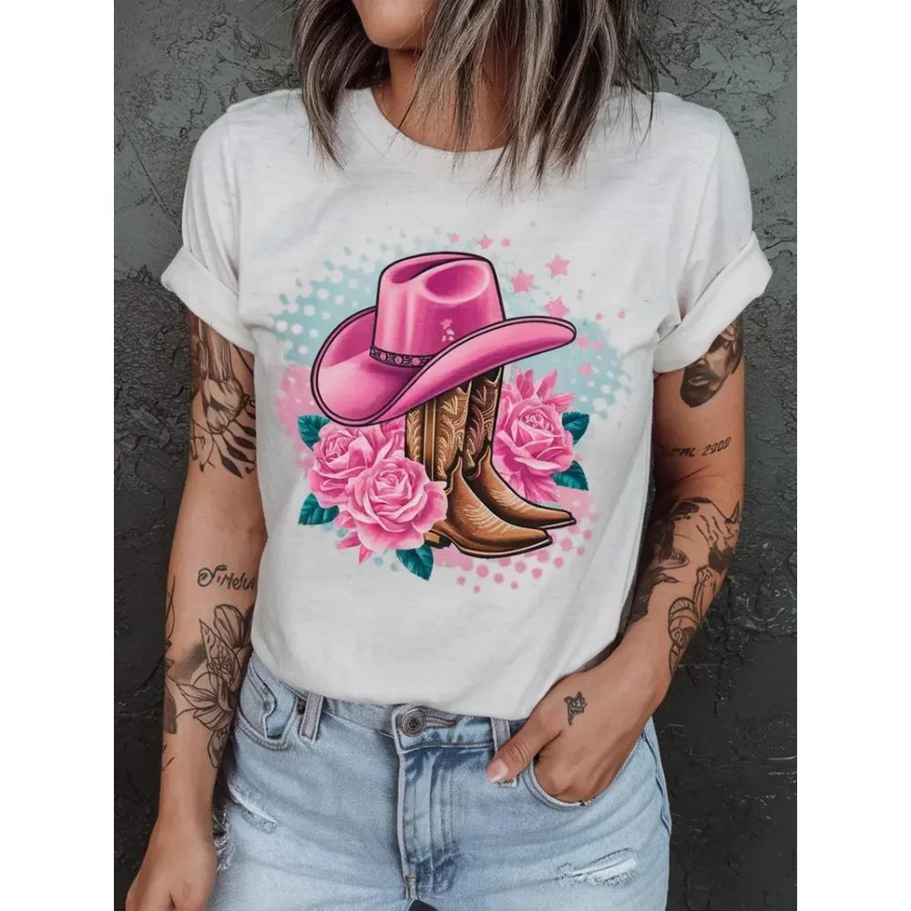 Western Cowboy Hat and Boots Pattern Printing Women's T-shirt Fashion Casual Short-sleeved Daily Round Neck Top