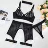 Lingerie Suit Women Mesh Hollow Underwear Metal Buckle Set Ultrathin Bra & Brief Sets G-String Garter Belt See Through Bra Set