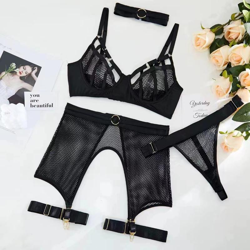 Lingerie Suit Women Mesh Hollow Underwear Metal Buckle Set Ultrathin Bra & Brief Sets G-String Garter Belt See Through Bra Set