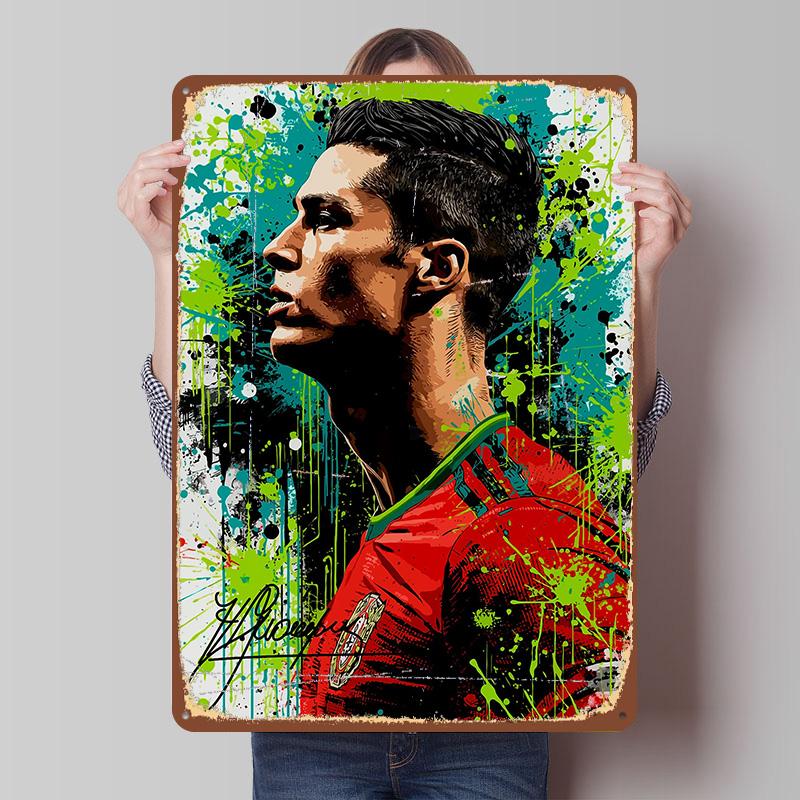 

Cristiano Ronaldo Portrait on Splatter Painting Tinplate Poster Customized Wall Art Vintage Metal Signs Retro Tin Plaque for 7.9x11.8In(20x30cm)