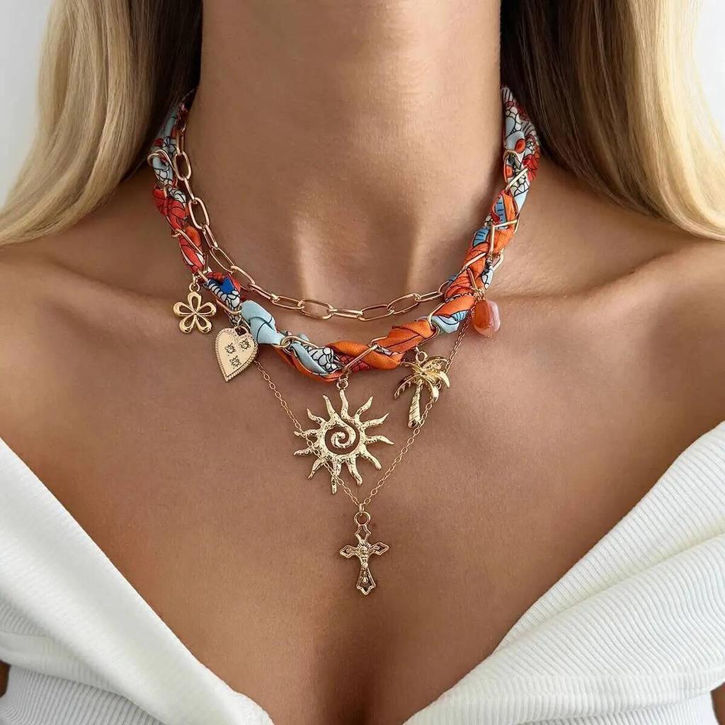 IngeSight.Z 3Pcs/Set Boho Scarf Ribbon Choker Necklace Trend Cross Sun Flower Starfish Conch Coconut Tree Pendant Neck Jewelry