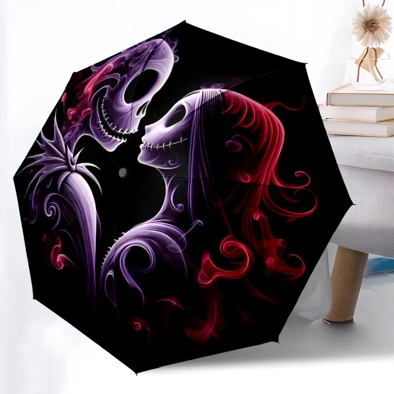 1pc Sturdy 8-Bone Auto Umbrella, Jack Skellington Nightmare Pastel Floral Blue Umbrella, Digital Printed, Foldable Umbrella for On-the-Go Outdoor Use