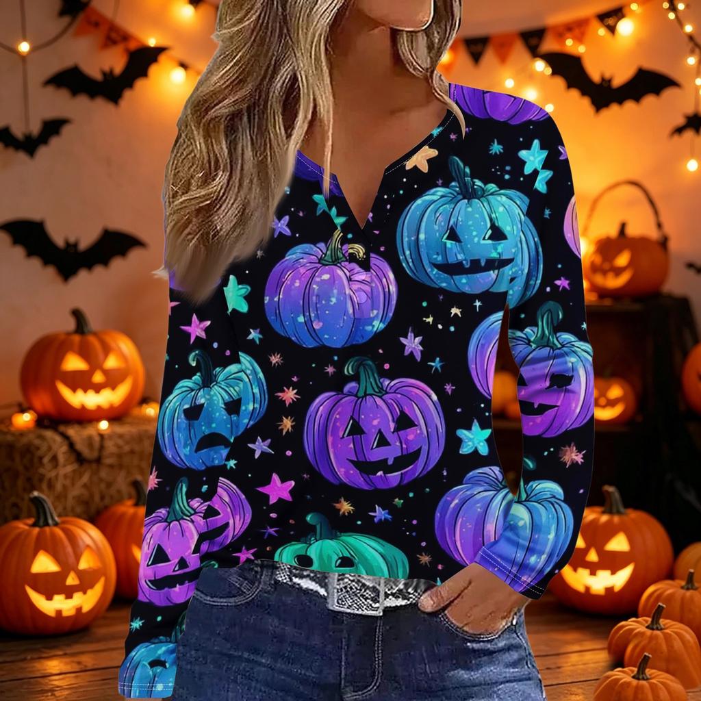 Women's Halloween Print Long Sleeve V Neck Button Detail Casual T Shirt Top with Festive Graphic Design for Seasonal Wear