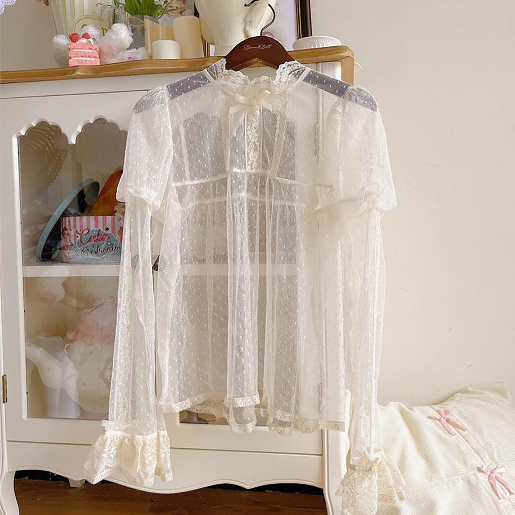 XHSUKADO Lolita Lolita Lace Balloon Princess Long Blouse One Size Fits All Women's Blouse, Innerwear, Blouse, Blouse, Ruffled, Sheer, Sleeves, Tulle,