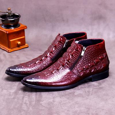 Moda 2025 Zima Nowe Krótkie Buty Męskie Skóra Krokodyla Wysokie Buty Zapinane na Zamek Ciepłe Skórzane Buty ze Skóry Bydlęcej Okrągły Nosek Oksfordy