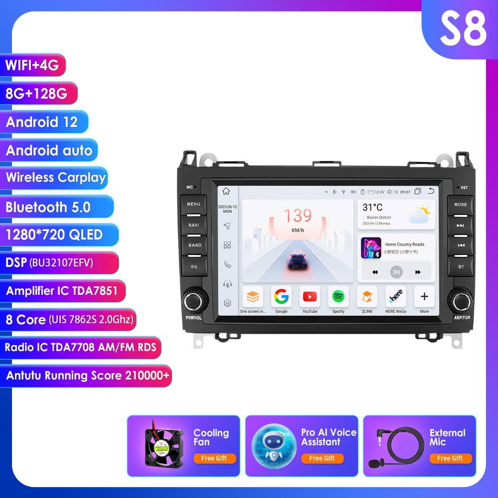 OSSURET 8" Bilradio for Mercedes Benz W169 W245 B200 W906 Sprinter W639 Vito Trådløs CarPlay Android Auto 4G DSP RDS 2din DVD Intelligent Skjerm