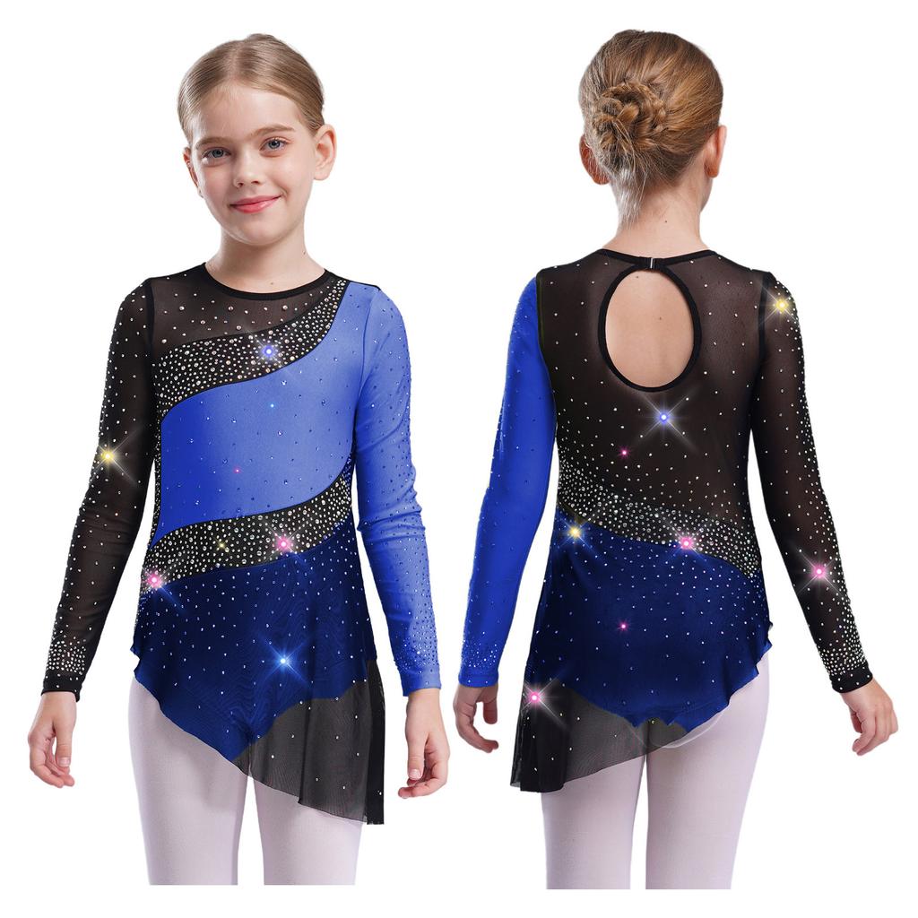 Kids Girls Gymnastics Competition Costume: Sheer Mesh Patchwork Long Sleeve Leotard with Color Block & Sparkling Rhinestones