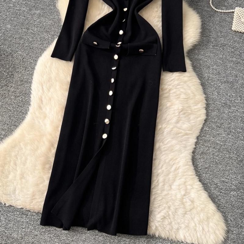 Autumn Winter Women Casual O-neck Full Sleeve Knitted Sweater Long Midi Pullover Dresses