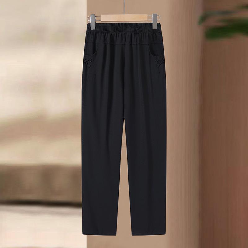 

Mom s High-Waisted Lightweight Summer Pants for Elderly Women - Loose Straight-Leg, Nine-Tenths Length 2XL (110-120 jin) чёрный