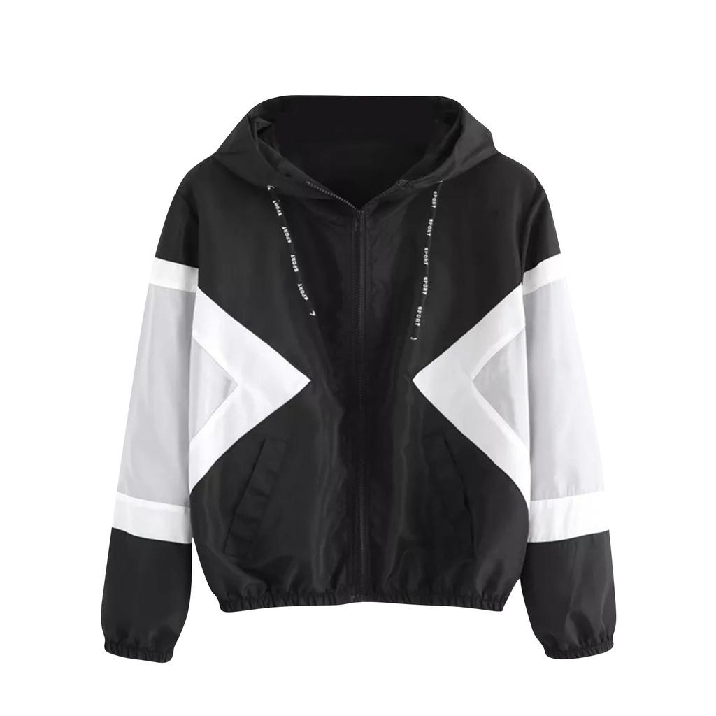 Womens Long-sleeved Hooded Zipper Stitching Contrast Color Windbreaker Coat