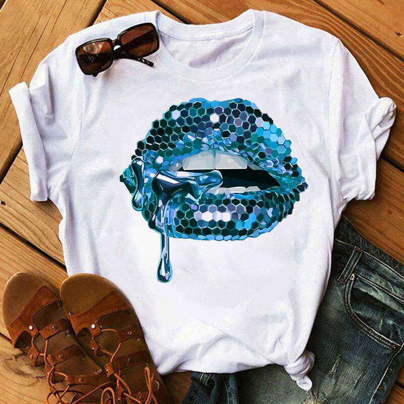 Lippen Reine Baumwolle Bedruckt Unisex und Damen Modetrend T-Shirt Sommer Neu Personalisiert Rundhals Locker Lässig T-Shirt