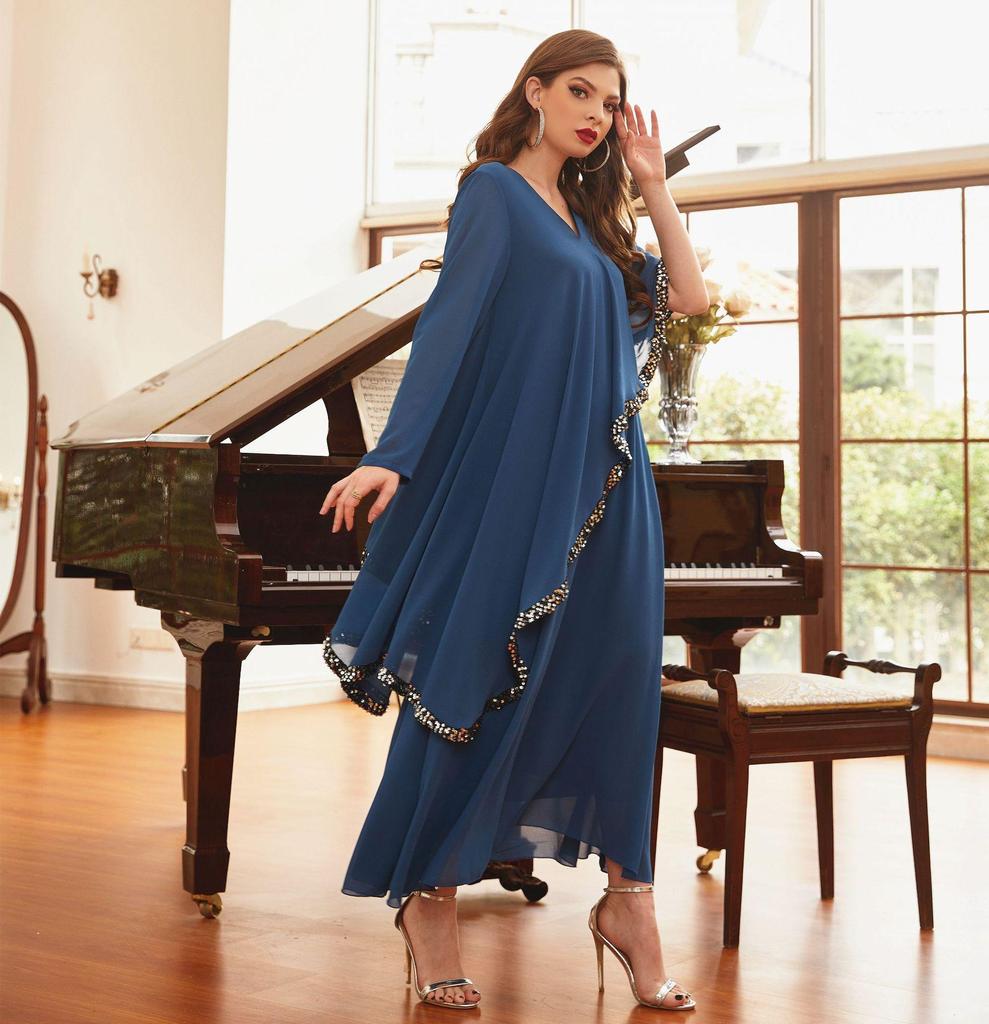 Muslim Dress Purple V-neck Double Layer Chiffon Sequins Irregular Slim Dress