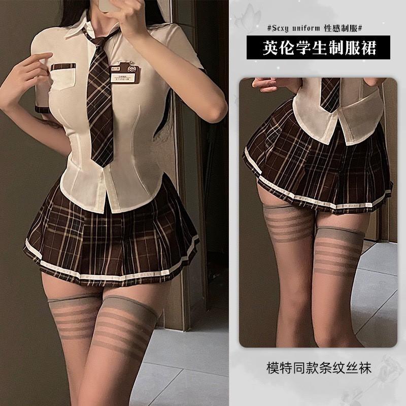 Womens Japanese Style JK Uniform Set Short Sleeve Shirt Plaid Skirt High Waist Casual Outfit