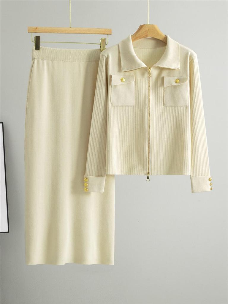Women's Polo Collar Zipper Cardigan & Knit Skirt Two-Piece Set - Spring/Autumn Fashion.