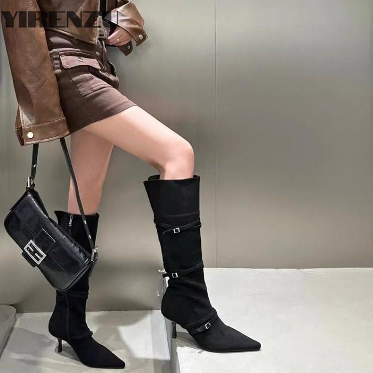 High Heels Suede Women High Boots Pointed Toe Sexy Shoes Knee High Fashion Chelsea Boots 2024 Trend Winter Pumps Botas De Mujer