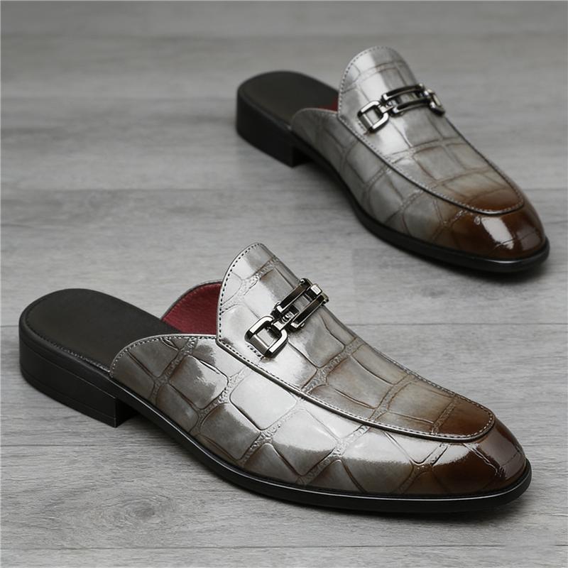 Designer New Men's Black Grey Brown Crocodile Pattern Leather Half Slippers Shoes Male Casual Mules Moccasins Breathable Loafers