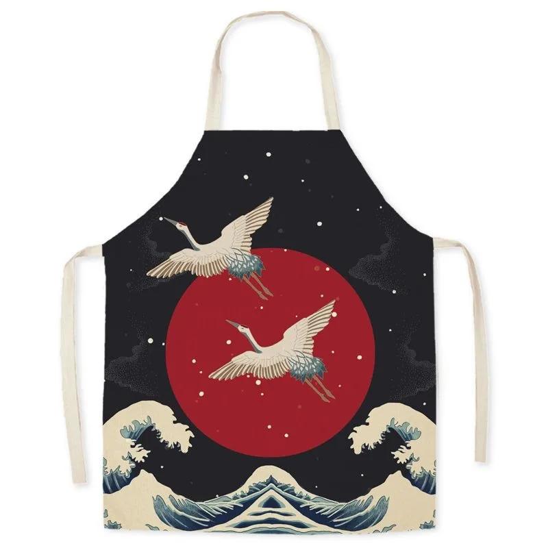 Retro Chinese crane pattern linen apron home cleaning anti-oil bib kitchen adult cooking baking sleeveless apron