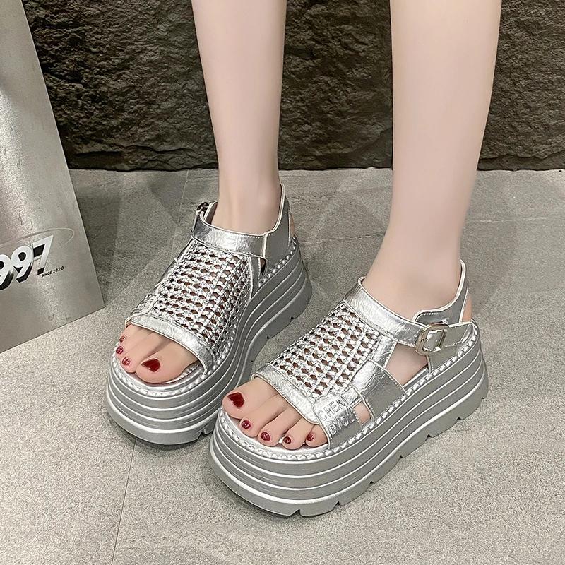 Fashion 8CM Summer Sandals Wedge Heel Sneakers New Women Beach Flip Flop High Platform Casual Sandals Hollow Breathable Walking Slippers