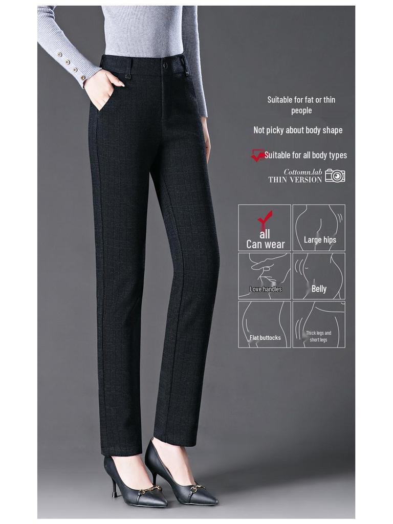High-Waisted Wool Plaid Slimming Pants for Autumn/Winter 2024 - Straight-Leg, Slim-Fit, Casual Wear for Middle-Aged Women.