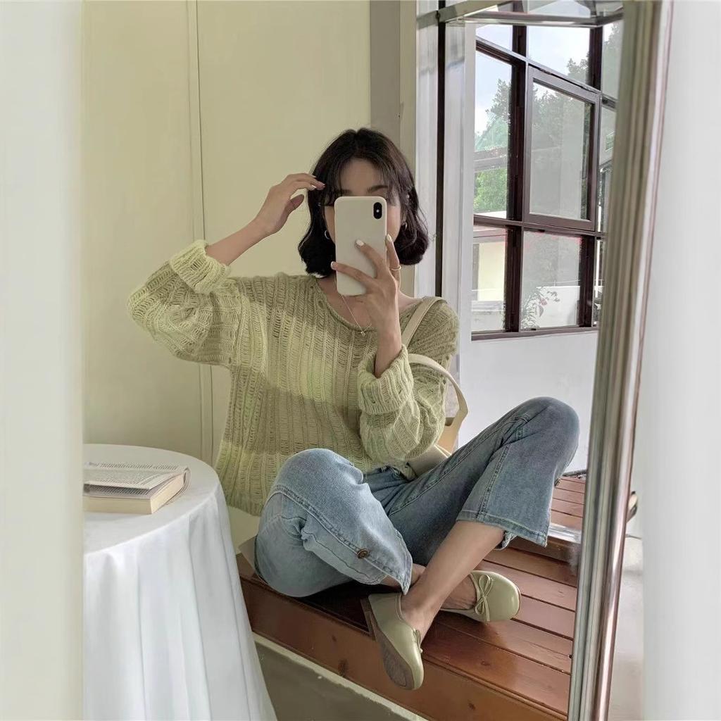 Splicing Design Sense Niche Loose Stripes Hollow Knitted Sweater Women's Spring and Summer Sweet and Gentle Sunscreen Sweater Long-sleeved Top