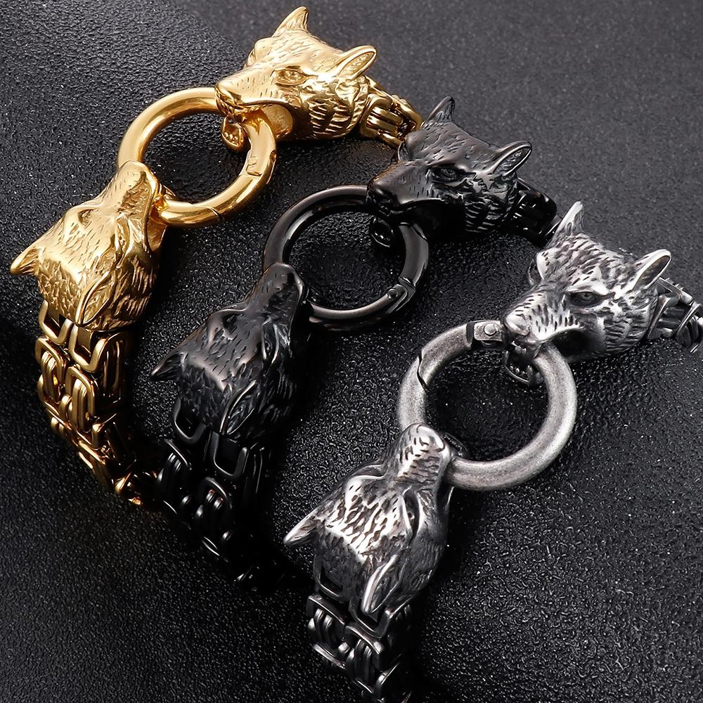 Gothic Herrenarmband mit Wolfskopf Schwarzgoldfarben 316L Edelstahl Doppelgliederkette Schmuck 8,66 Zoll Männliches Accessoire