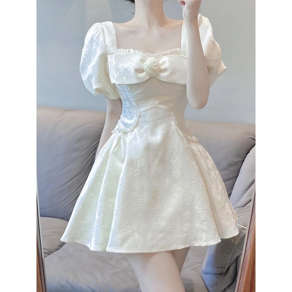 

Летнее новое платье принцессы жаккардовое с тяжелыми пышными рукавами, квадратным вырезом и бантом XL- (recommended 110-60kg)