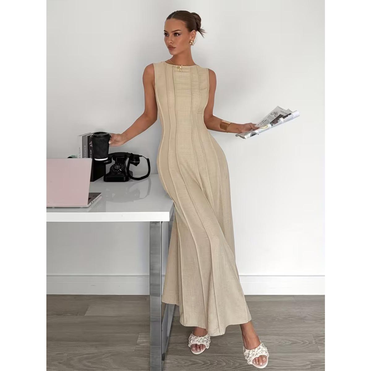 Women s Sleeveless Round Neck Maxi Dress Slim Fit Solid Color Elegant Long Dress S
