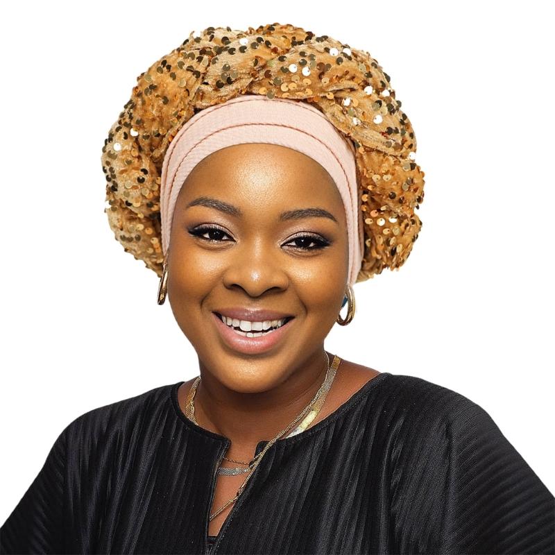 

Fashionable Sparkling Headwrap Sequins Decoration Hat Trendy Glitters Headscarf for Music Festivals or Parties бежевий