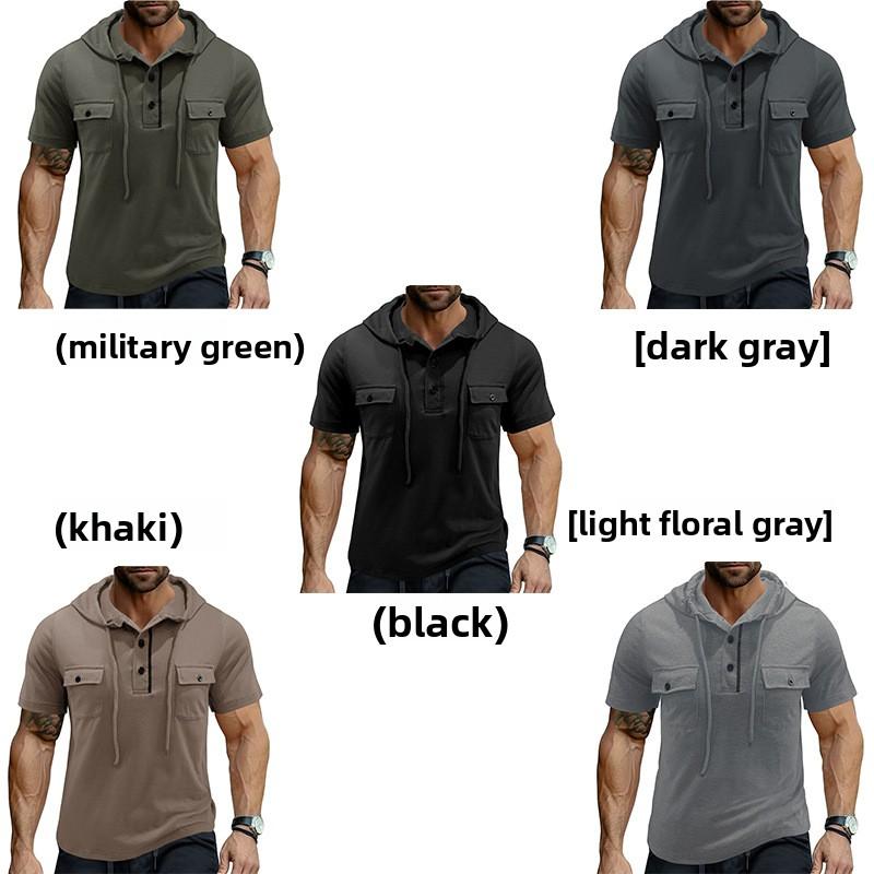 Men's Outdoor Double Pocket Hat Rope Short Sleeve Henry Undershirt Casual Small Sweater Hooded Top T-Shirt