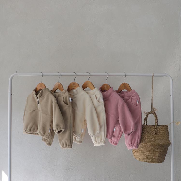 Herbst Kinder Mehrfarbiges Fleece Sportbekleidungsset - Stehkragen, Zweiteilig, Baby Oberbekleidung