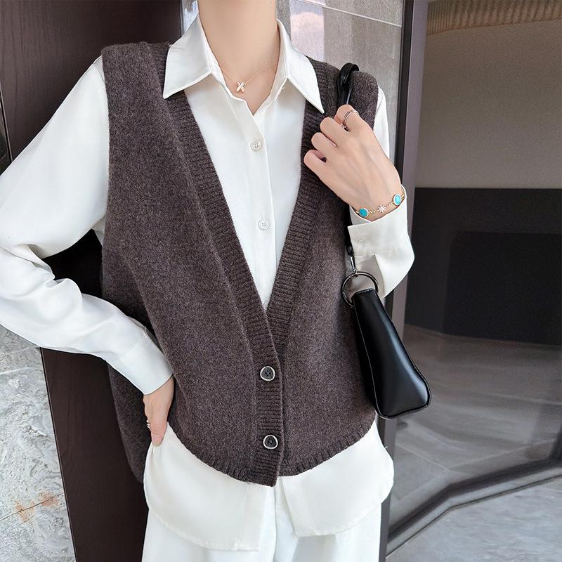 Women's 100% Wool V-Neck Sleeveless Knit Vest - Autumn/Winter Solid Color Layer