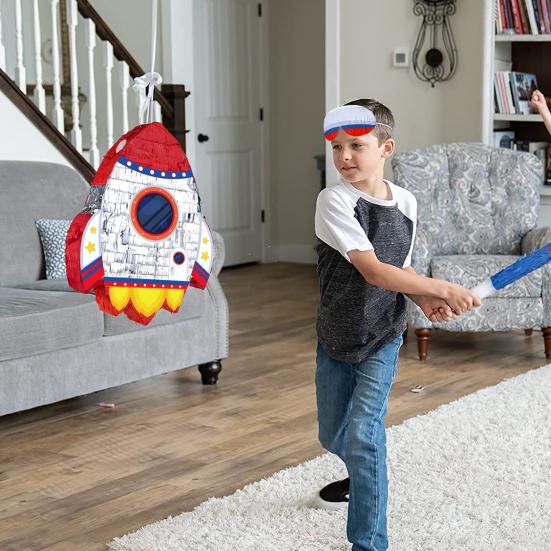 Pull String Rocket Ship Pinata Rocket Pinatas with Blindfold Bat Stick Confetti for Kids Space Themed Birthday Party Supplies