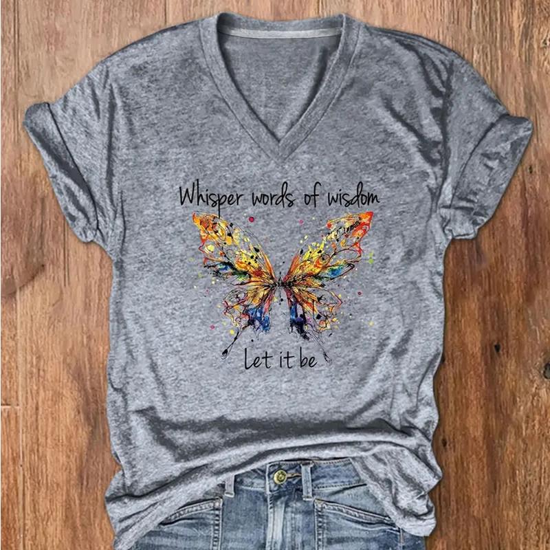 Fashion Colorful Butterfly Painting Blouses Short Sleeved V-Neck T Shirts Casual