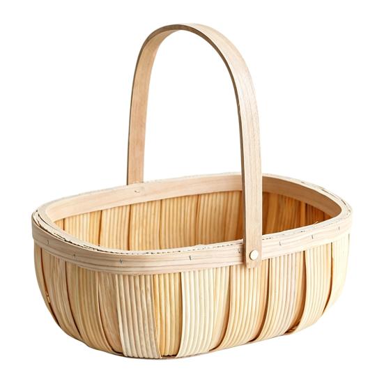 Reinforced Handle Organizer Handmade Woven Wood Storage Basket, Oval with Handle, Portable Food Serving Tray Large Capacity Bin for Kitchen