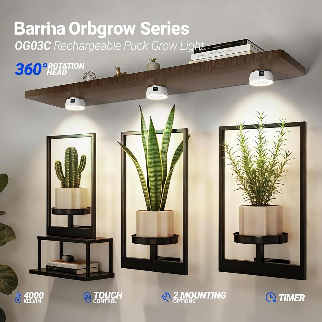 Barrina Orbgrow OG03C Акумуляторний світильник-диск для вирощування рослин, 4000K, 2 шт., Білий | Бездротовий повноспектральний світлодіодний світильник для кімнатних рослин, Магнітний та Сенсорний
