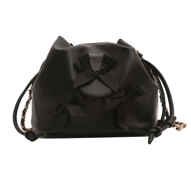 2025 Summer Model, Bow Small Fresh Draw Belt Large Capacity Soft Surface Pleated Chain Bucket Crossbody Shoulder Women's Bag