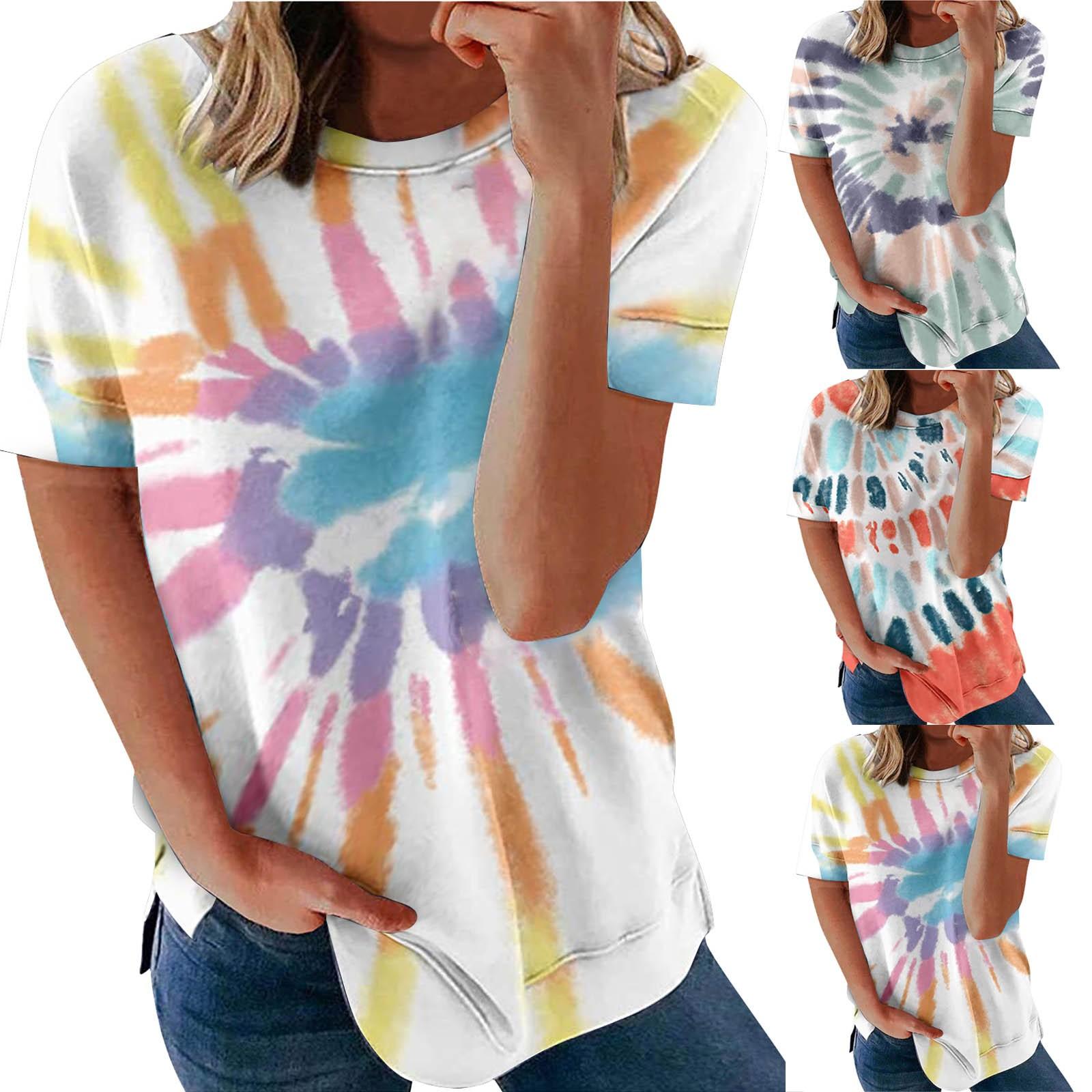 

Women s Fashion Tie-Dye Gradient Round Neck Pullover Short Sleeve T-Shirt Tops