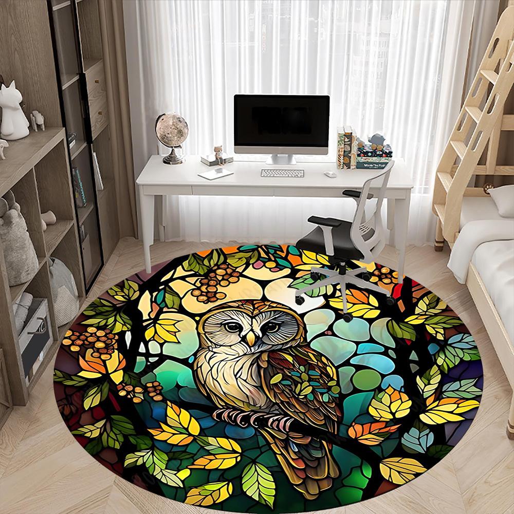 1pc Stained Glass Owl Office Round Area Rug, Under Office Chairs Bedroom Living Room Home Decor, Room Deco