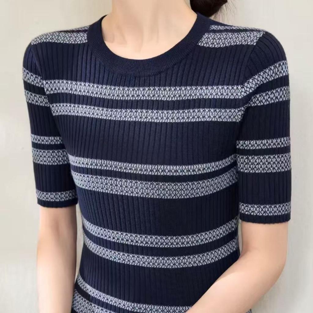 Color-block Striped Open-weave Lightweight Women's Summer New Style Versatile Fashionable Round-neck Short-sleeved T-shirt