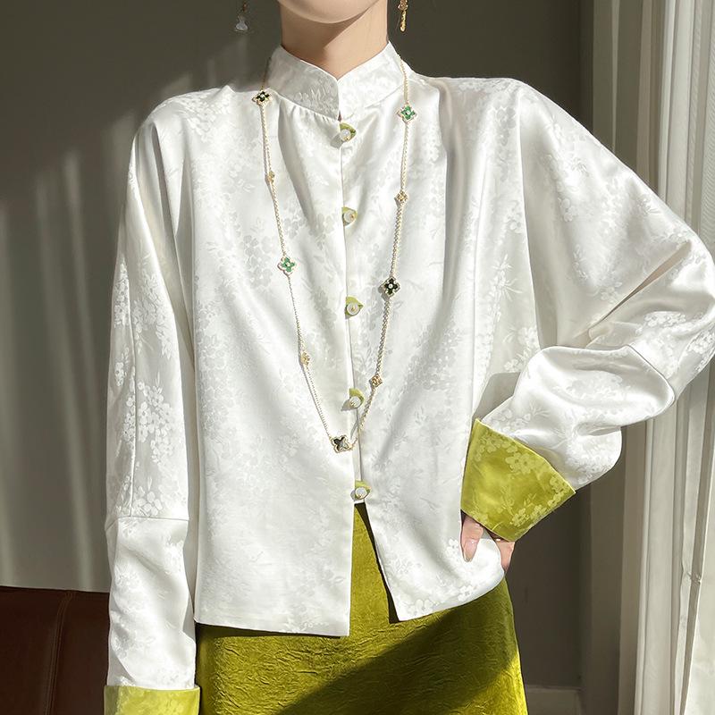 Women's Retro Satin Mandarin Collar Cardigan - Loose Fit, Light National Style Tang Jacket