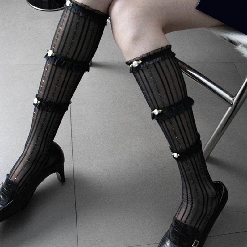 Ruffle Sheer Knee High Socks for Women Girl Stretchy Silk Stockings Student Girls Stockings Tube Socks Nylons Calf Socks