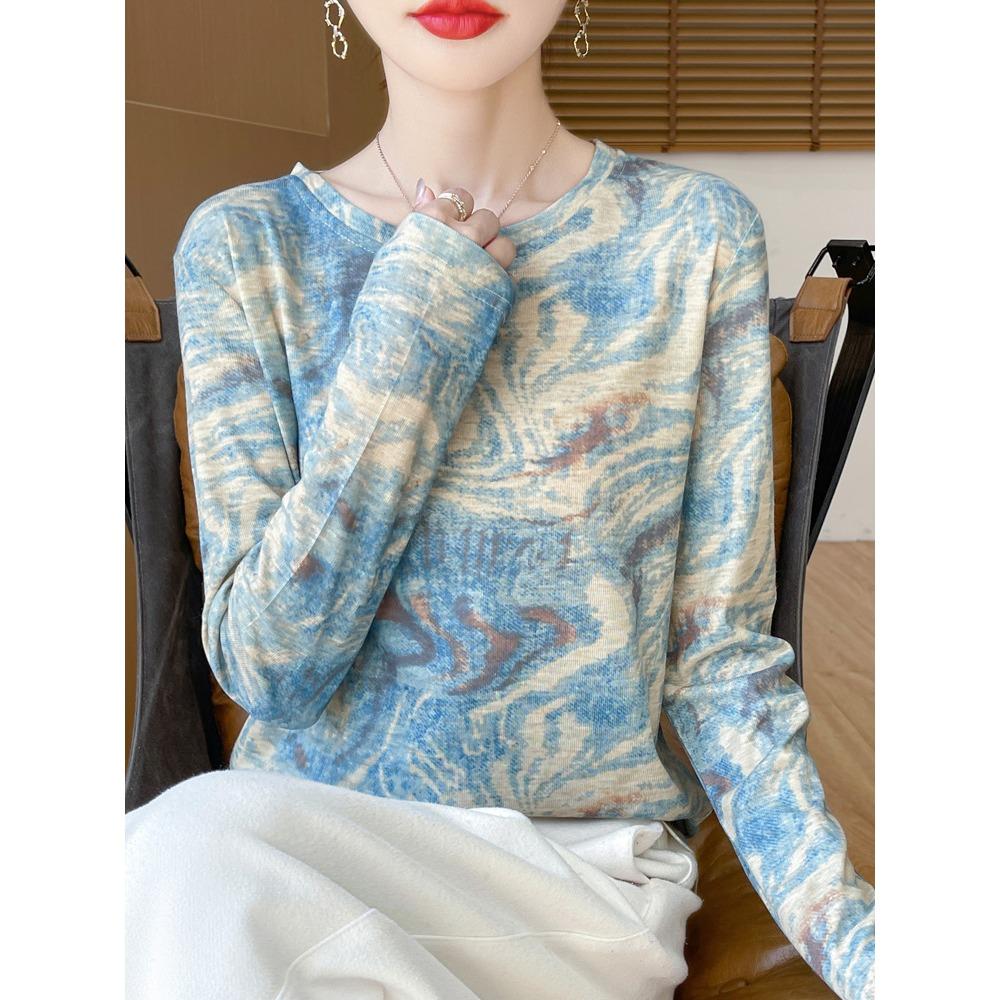 Frühling und Herbst Neues T-Shirt für Damen mit lockerem Rundhalsausschnitt und langen Ärmeln mit gedrucktem Muster in Tuschemalerei