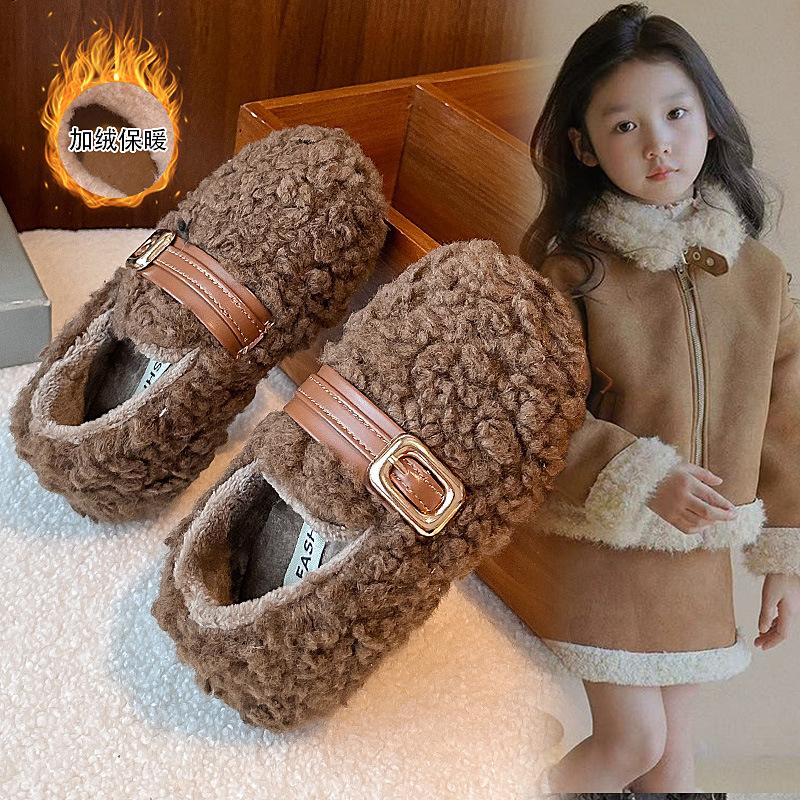 Children's woolen curly girls' cotton shoes, new autumn and winter soft-soled outdoor shoes for small, medium, and large children, warm shoes