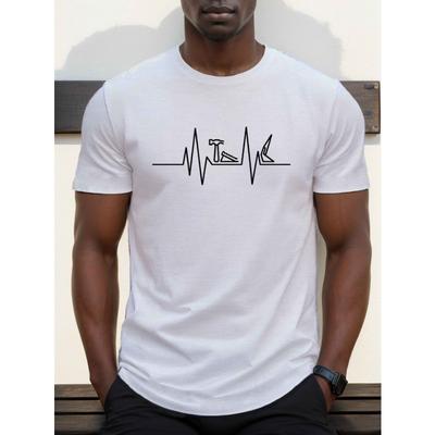 Europäische Größe 1 Stück Big & Tall Herren Freizeit-T-Shirt mit Rundhalsausschnitt und Carpenter Tools Herzschlag-Grafik, Baumwollstrick mit leichter Dehnung