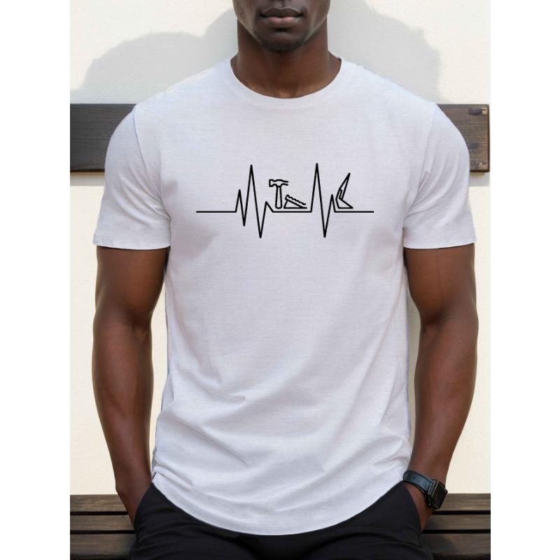 European Size 1pc Big & Tall Men'S Casual Crew Neck T-Shirt with Carpenter Tools Heartbeat Graphic, Cotton Knit Fabric with Slight Stretch