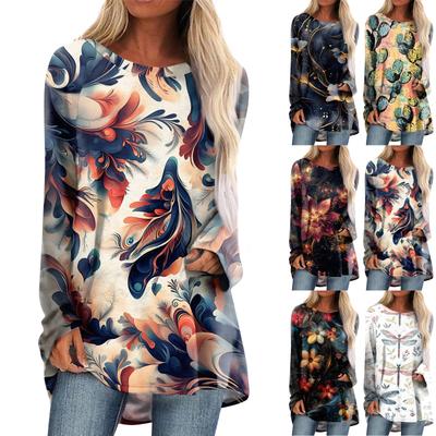 Damenmode Lässig Langarm Print Rundhals Pullover Top Bluse