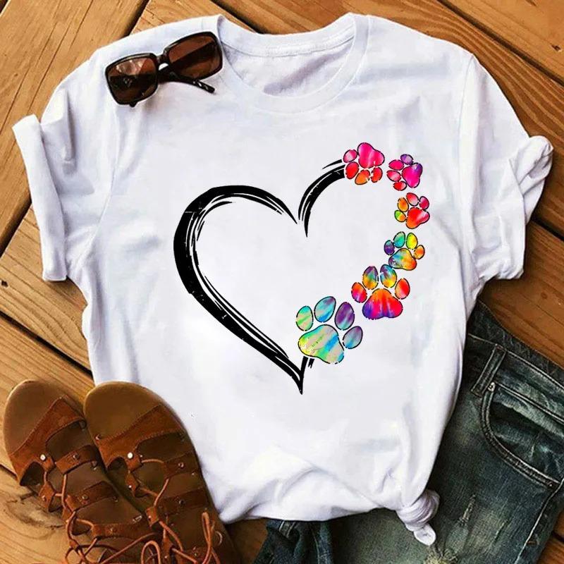 Womens CartoonTshirt Colorful Heart AndDog Paw Print Tshirt Womens Summer Tshirt 90s Girl ShortSleeve Tshirt Black Tshirt