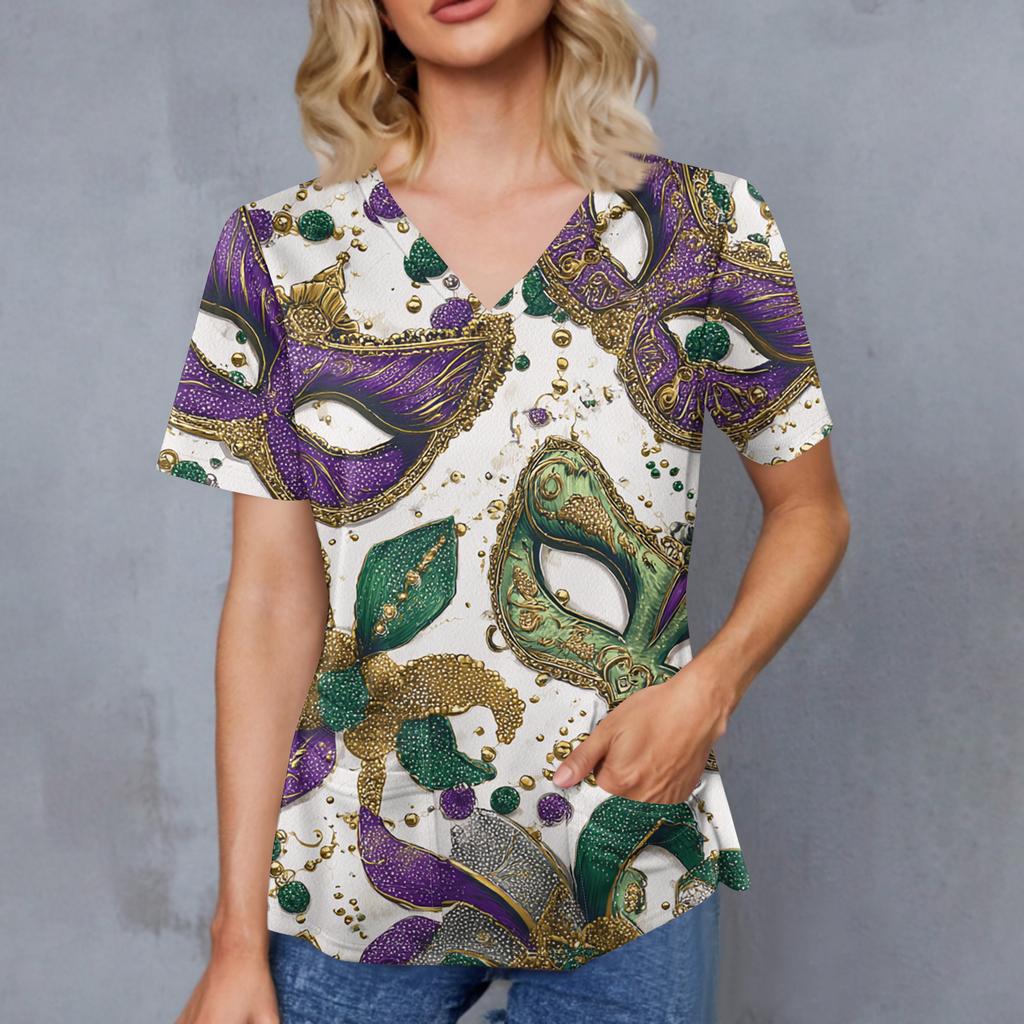 Women's Caregiver  Printed V-Neck Double Pocket Short Sleeves Hem Slit  Uniform Caregiver Top