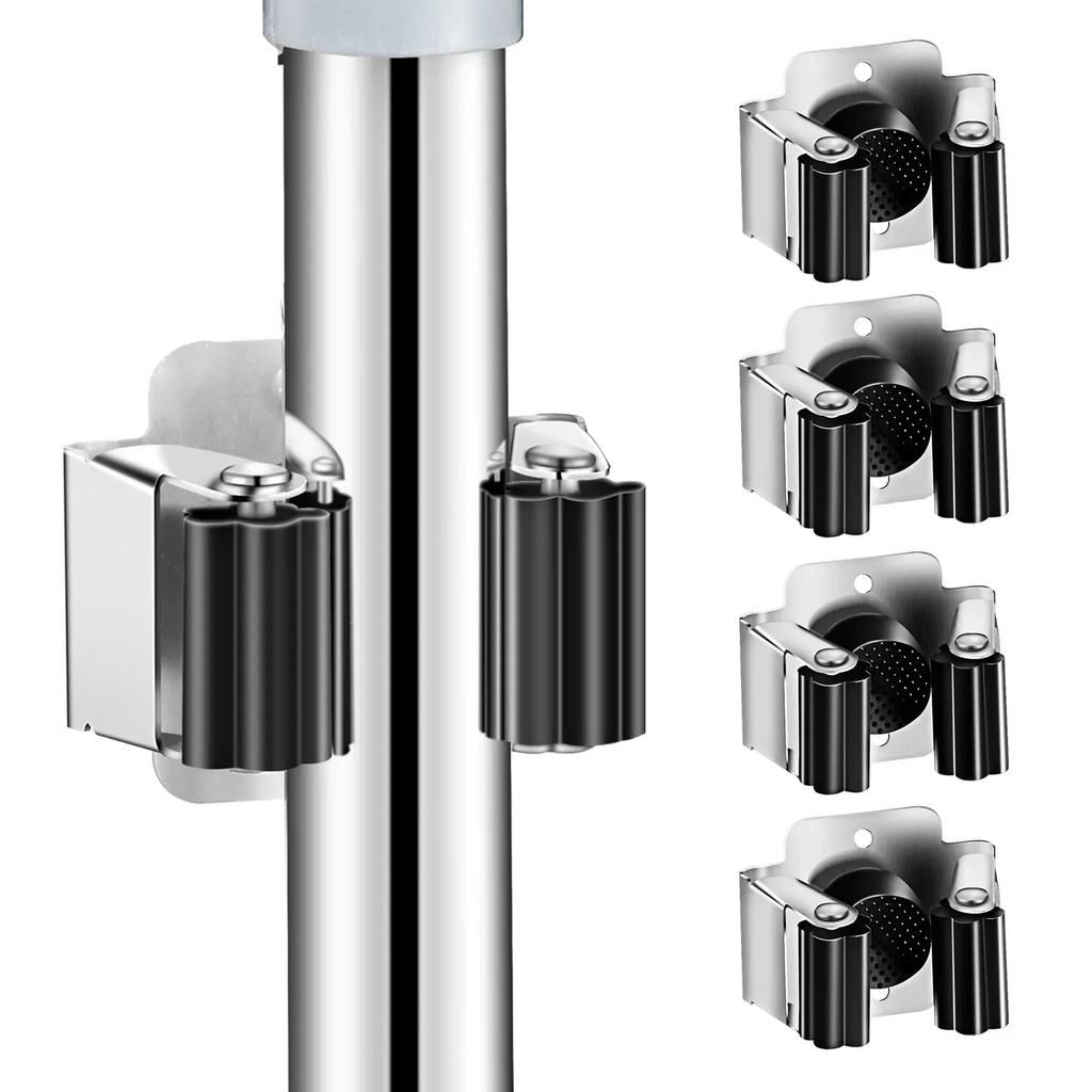 Hook Accessories Stainless Steel Mop Brush Broom Hanger Fixed Rack Mop Clip Holder Wall Mounted Kitchen Bathroom Organizer Shelf