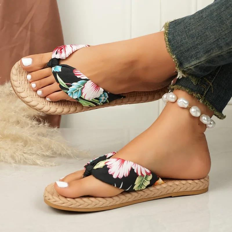 Fashion Women's Slippers Flat Sole Toe Clip Canvas Anti-slip Women's Shoes Leisure Beach Roman Wear-resistant Summer Zapatillas De Mujer